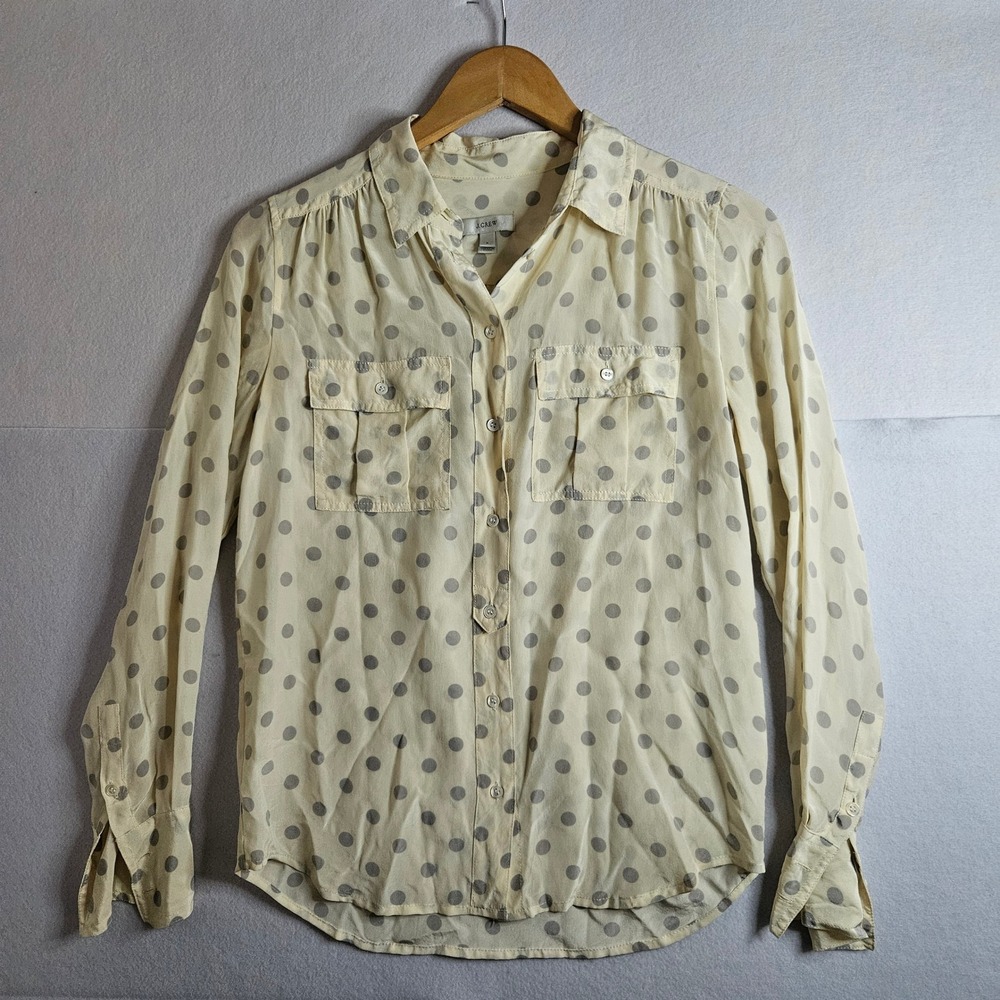 J.Crew Womens 100% Silk Polka Dot Button Down Blouse Cream Grey Size 0